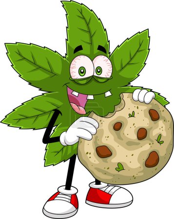 Ilustración de Happy Marijuana Leaf Cartoon Character Comer galletas de cannabis. Ilustración dibujada a mano vectorial aislada sobre fondo transparente - Imagen libre de derechos