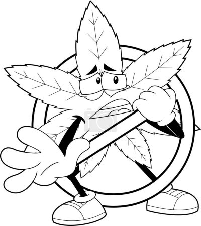 Ilustración de Marijuana Leaf Cartoon Character In A Prohibited Restricted Sign (en inglés). Ilustración dibujada a mano vectorial aislada sobre fondo transparente - Imagen libre de derechos