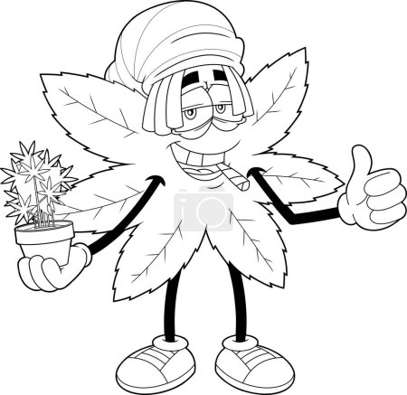 Ilustración de Carácter divertido de la caricatura de la hoja de marihuana con una planta conjunta de cannabis en maceta. Ilustración dibujada a mano vectorial aislada sobre fondo transparente - Imagen libre de derechos