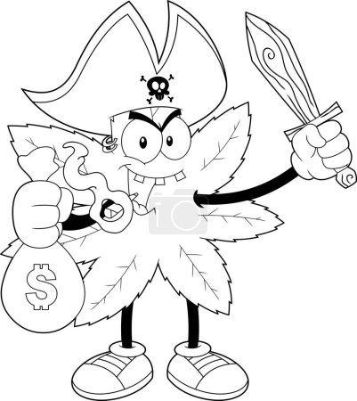 Ilustración de Carácter de dibujos animados pirata de hoja de marihuana con bolsa de dinero y espada. Ilustración dibujada a mano vectorial aislada sobre fondo transparente - Imagen libre de derechos