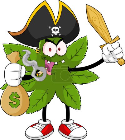 Illustration for Marijuana Leaf Pirate Cartoon Character With Money Bag And Sword. Vector Hand Drawn Illustration Isolated On Transparent Background - Royalty Free Image