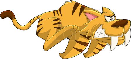 Saber Tooth Tiger Animal Cartoon Character Running. Vector Hand Drawn Illustration Isolated On Transparent Background