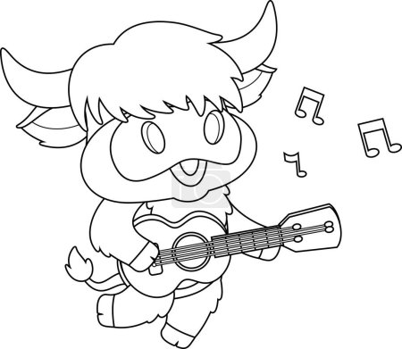 Illustration for Cute Highland Cow Animal Cartoon Character Playing A Guitar And Singing. Vector Illustration Flat Design Isolated On Transparent Background - Royalty Free Image
