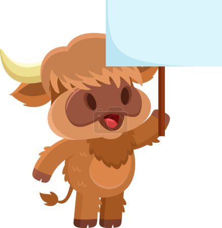 Illustration for Cute Highland Cow Animal Cartoon Character Holding Up A Blank Sign. Vector Illustration Flat Design Isolated On Transparent Background - Royalty Free Image