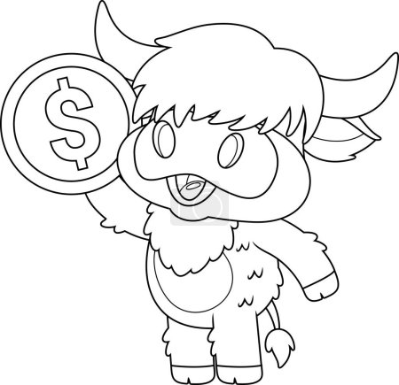 Téléchargez les illustrations : Mignon Highland Vache Animal personnage de bande dessinée tenant un Bitcoin d'or. Illustration vectorielle Design plat isolé sur fond transparent - en licence libre de droit