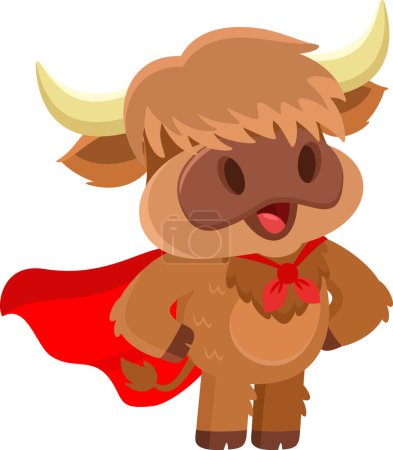 Illustration for Cute Highland Cow Animal Cartoon Character SuperHero. Vector Illustration Flat Design Isolated On Transparent Background - Royalty Free Image