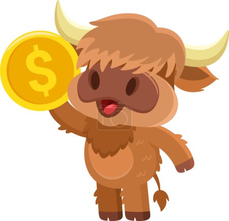 Téléchargez les illustrations : Mignon Highland Vache Animal personnage de bande dessinée tenant un Bitcoin d'or. Illustration vectorielle Design plat isolé sur fond transparent - en licence libre de droit