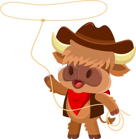 Illustration for Cute Highland Cow Animal Cartoon Character Cowboy With Lasso. Vector Illustration Flat Design Isolated On Transparent Background - Royalty Free Image