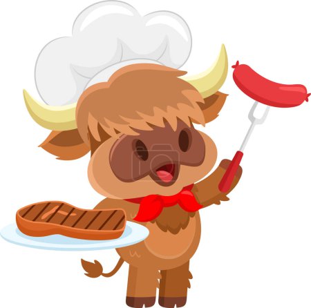 Illustration for Cute Highland Cow Chef Cartoon Character Holding A Platter With Grilled Steak And Sausage. Vector Illustration Flat Design Isolated On Transparent Background - Royalty Free Image
