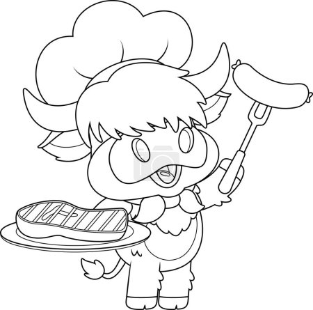 Ilustración de Lindo Highland Vaca Chef Personaje de dibujos animados sosteniendo un plato con carne a la parrilla y salchicha. Ilustración vectorial Diseño plano aislado sobre fondo transparente - Imagen libre de derechos