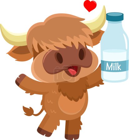Illustration for Cute Highland Cow Animal Cartoon Character Holding Up A Milk Bottle. Vector Illustration Flat Design Isolated On Transparent Background - Royalty Free Image