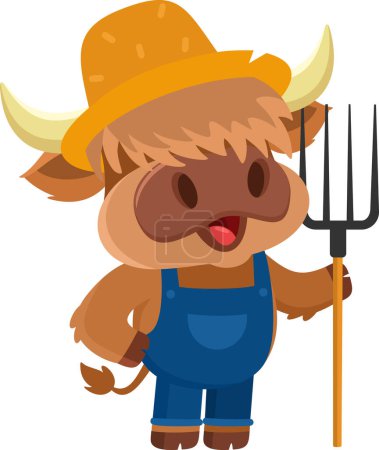 Illustration for Cute Highland Cow Farmer Cartoon Character Carrying A Rake. Vector Illustration Flat Design Isolated On Transparent Background - Royalty Free Image