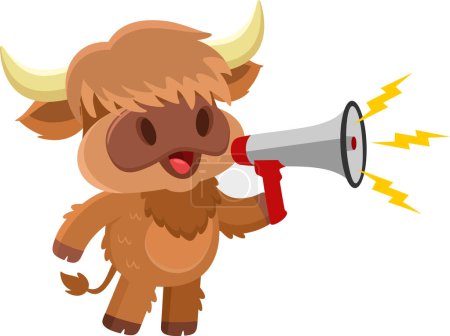 Illustration for Cute Highland Cow Farmer Cartoon Character Screaming Into Megaphone. Vector Illustration Flat Design Isolated On Transparent Background - Royalty Free Image