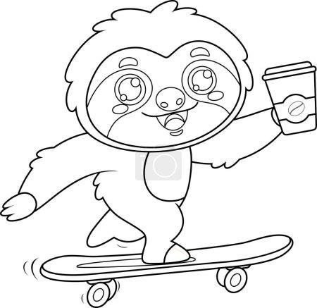 Ilustración de Delineado divertido lindo perezoso personaje de dibujos animados Skateboarding con café. Ilustración dibujada a mano vectorial aislada sobre fondo transparente - Imagen libre de derechos