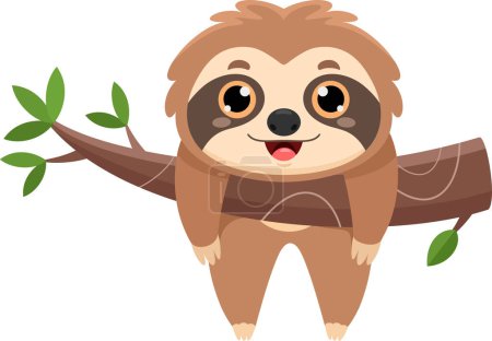 Téléchargez les illustrations : Joyeux personnage de bande dessinée mignon Sloth paresseux accroché à une branche d'arbre. Illustration vectorielle Design plat isolé sur fond transparent - en licence libre de droit