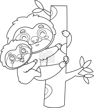 Téléchargez les illustrations : Mignon paresseux mère et bébé personnages de bande dessinée. Illustration dessinée à la main vectorielle isolée sur fond transparent - en licence libre de droit