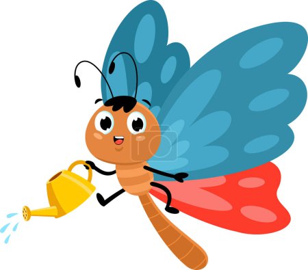 Téléchargez les illustrations : Mignon papillon dessin animé personnage arrosage. Illustration vectorielle Design plat isolé sur fond transparent - en licence libre de droit
