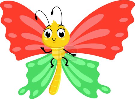 Téléchargez les illustrations : Papillon mignon personnage de bande dessinée volant. Illustration dessinée à la main vectorielle isolée sur fond blanc - en licence libre de droit