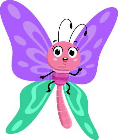 Téléchargez les illustrations : Papillon mignon personnage de bande dessinée volant. Illustration dessinée à la main vectorielle isolée sur fond blanc - en licence libre de droit
