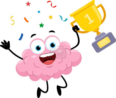 Ilustración de Happy Brain Cartoon Character Jumping Holding A Gold Cup Trophy (en inglés). Ilustración vectorial Diseño plano aislado sobre fondo transparente - Imagen libre de derechos
