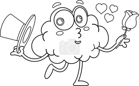 Ilustración de Personaje de dibujos animados del cerebro romántico esbozado sosteniendo una rosa. Ilustración dibujada a mano vectorial aislada sobre fondo transparente - Imagen libre de derechos