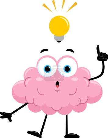 Illustration for Funny Brain Cartoon Character Having A Bright Idea With A Light Bulb. Vector Illustration Flat Design Isolated On Transparent Background - Royalty Free Image