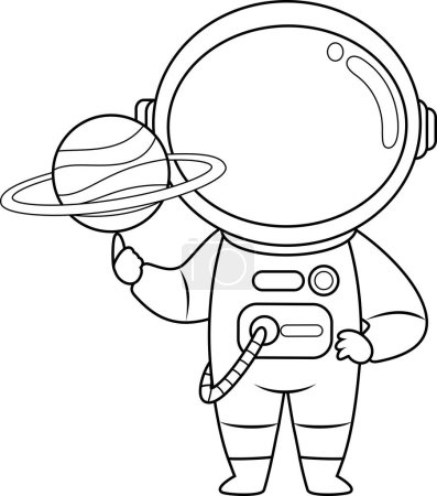 Illustration for Outlined Cute Astronaut Cartoon Character Holding Saturn Planet. Vector Hand Drawn Illustration Isolated On Transparent Background - Royalty Free Image