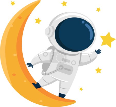 Illustration for Cute Astronaut Cartoon Character Standing On A Moon And Waving. Vector Illustration Flat Design Isolated On Transparent Background - Royalty Free Image
