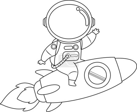 Illustration for Outlined Cute Astronaut Cartoon Character Riding A Rocket And Waving. Vector Hand Drawn Illustration Isolated On Transparent Background - Royalty Free Image