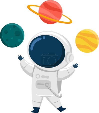 Téléchargez les illustrations : Cute Astronaut Cartoon Character Juggling With Planets. Vector Illustration Flat Design Isolated On Transparent Background - en licence libre de droit