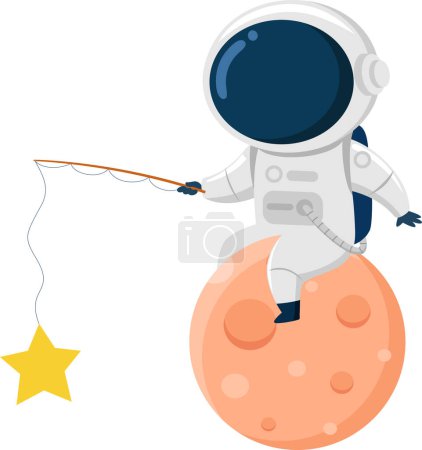 Illustration for Cute Astronaut Cartoon Character On Planet With Fishing Rod. Vector Illustration Flat Design Isolated On Transparent Background - Royalty Free Image