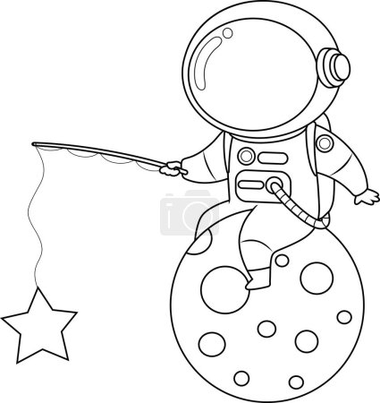 Illustration for Outlined Cute Astronaut Cartoon Character On Planet With Fishing Rod. Vector Hand Drawn Illustration Isolated On Transparent Background - Royalty Free Image
