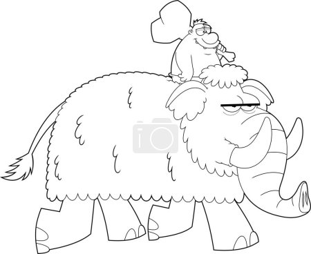Outlined Funny Caveman Riding A Mammoth Cartoon Characters. Vector Hand Drawn Illustration Isolated On Transparent Background