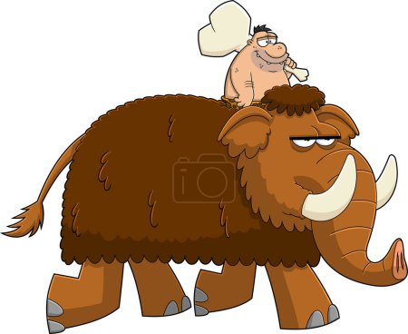 Hombre de las cavernas divertido montando un mamut personajes de dibujos animados. Ilustración dibujada a mano vectorial aislada sobre fondo transparente