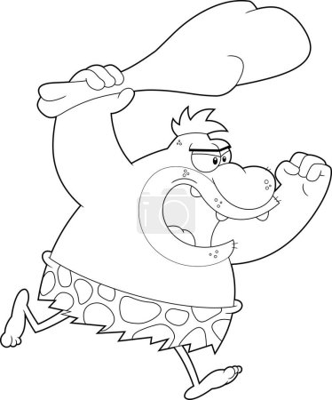 Ilustración de Delineado Angry Caveman personaje de dibujos animados que corre con el club. Ilustración dibujada a mano vectorial aislada sobre fondo transparente - Imagen libre de derechos