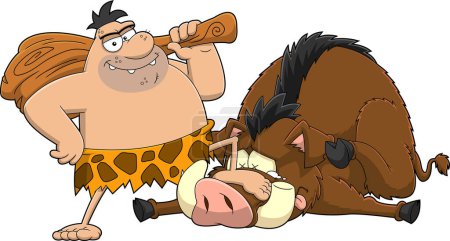 Happy Caveman With Club And Trophy Boar Cartoon Characters. Vector Hand Drawn Illustration Isolated On Transparent Background