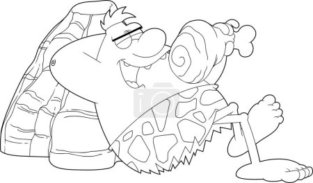Ilustración de Delineado Feliz Hombre de las cavernas personaje de dibujos animados comiendo carne. Ilustración dibujada a mano vectorial aislada sobre fondo transparente - Imagen libre de derechos