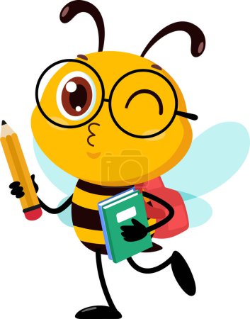 Ilustración de Lindo personaje de dibujos animados de la abeja de la escuela caminando con la mochila y el lápiz Vector Ilustración Diseño plano aislado sobre fondo transparente - Imagen libre de derechos
