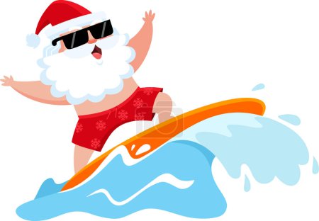 Ilustración de Feliz verano Santa Claus personaje de dibujos animados Surf y montar una ola. Ilustración vectorial Diseño plano aislado sobre fondo transparente - Imagen libre de derechos