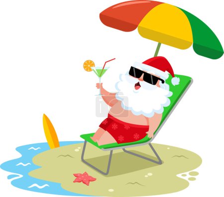 Ilustración de Verano Santa Claus personaje de dibujos animados acostado en la silla de la cubierta y beber cóctel en la playa. Ilustración vectorial Diseño plano aislado sobre fondo transparente - Imagen libre de derechos