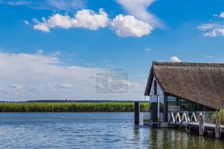 Photo for Swimming house in the port of Wieck, Germany. - Royalty Free Image