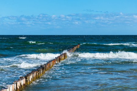 Waves and groynes on the Baltic Sea coast in Zingst, Germany.