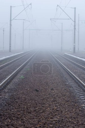Téléchargez les photos : Les rails en acier disparaissent et disparaissent dans le brouillard matinal - en image libre de droit