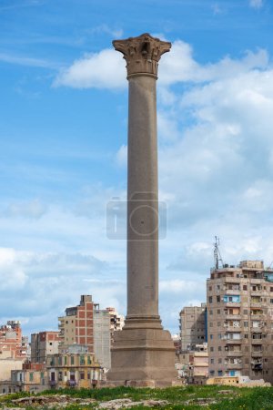Téléchargez les photos : Pilier géant de Pompée antique sur le territoire du Serapeum d'Alexandrie en Egypte contre des bâtiments résidentiels à plusieurs étages - en image libre de droit