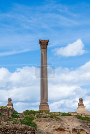 Téléchargez les photos : Deux sphinx et le pilier géant de Pompée antique sur le territoire de Serapeum d'Alexandrie en Egypte - en image libre de droit