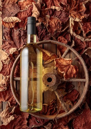 Téléchargez les photos : Bottle of white wine on the rusty wheel and dried-up vine leaves. Old expensive wine concept. Top view. - en image libre de droit