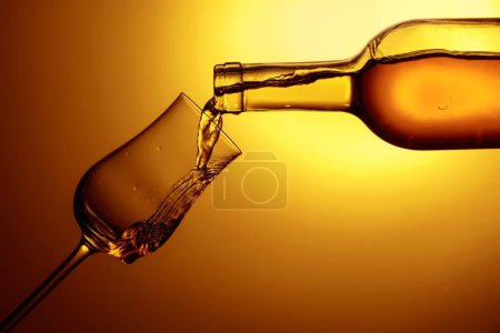 Photo for Digestive tulip of premium alcohol on a yellow background. The drink is poured from a bottle into a glass. Copy space. - Royalty Free Image