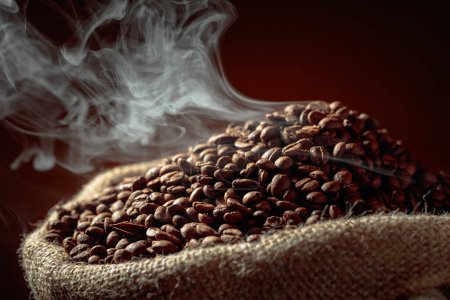 Photo for Medium-roasted coffee beans are smoky in a burlap bag. - Royalty Free Image