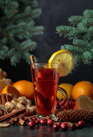 Foto de Bebida caliente de Navidad con especias, jengibre, arándanos y cítricos. - Imagen libre de derechos