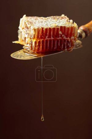 Photo for Close-up of honeycombs on an antique brass spatula. Copy space. - Royalty Free Image